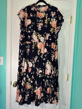 BloomChic Navy Maxi Dress with Pink Floral Print